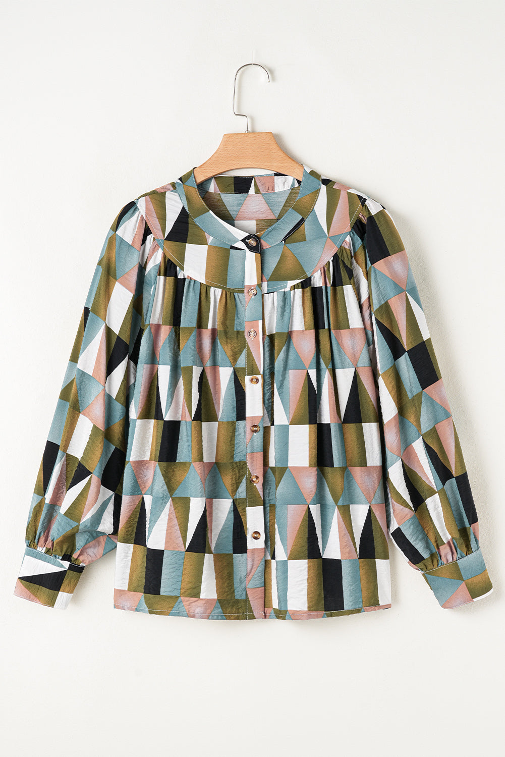 Geometric Print Buttoned Balloon Sleeve Loose Fit Shirt | Green