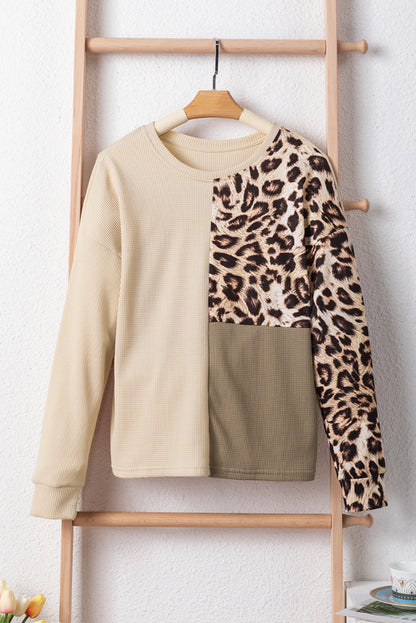 Leopard Colourblock Waffle Knit Top | Pale Khaki