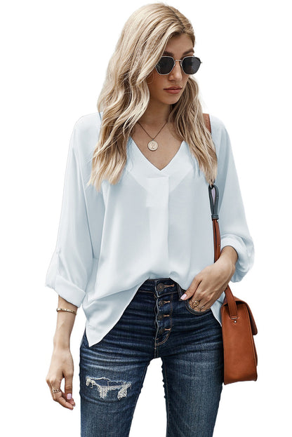 V Neck 3/4 Sleeve High Low Hem Shirt | White