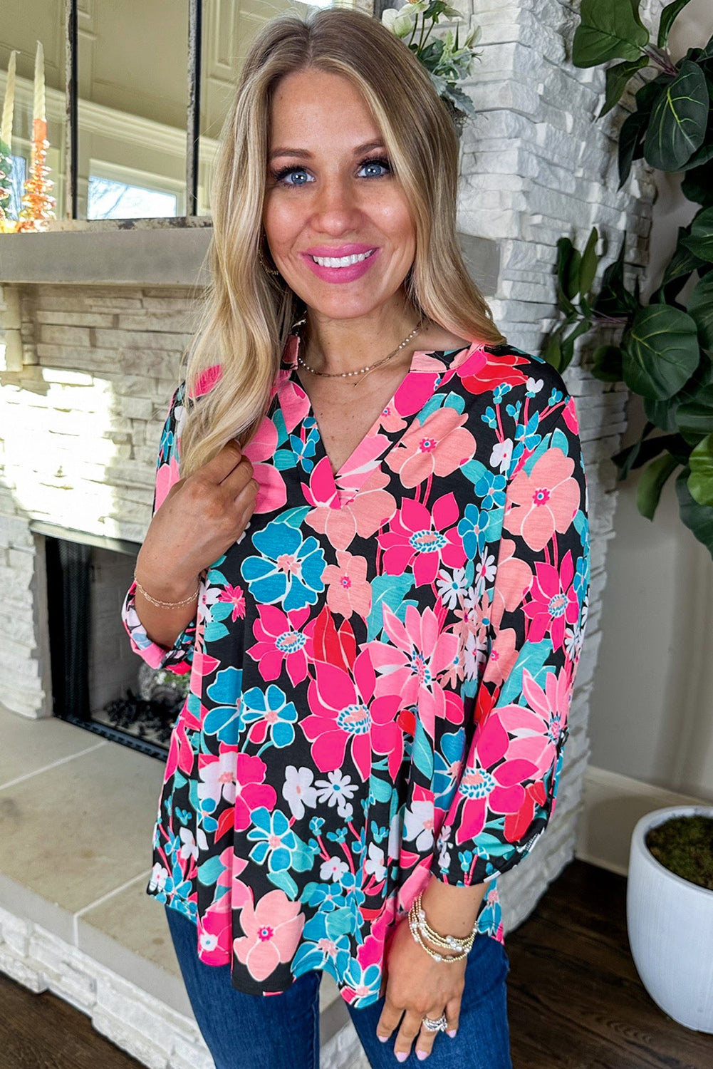 Floral V Neck Roll Tab Sleeve Blouse | Pink