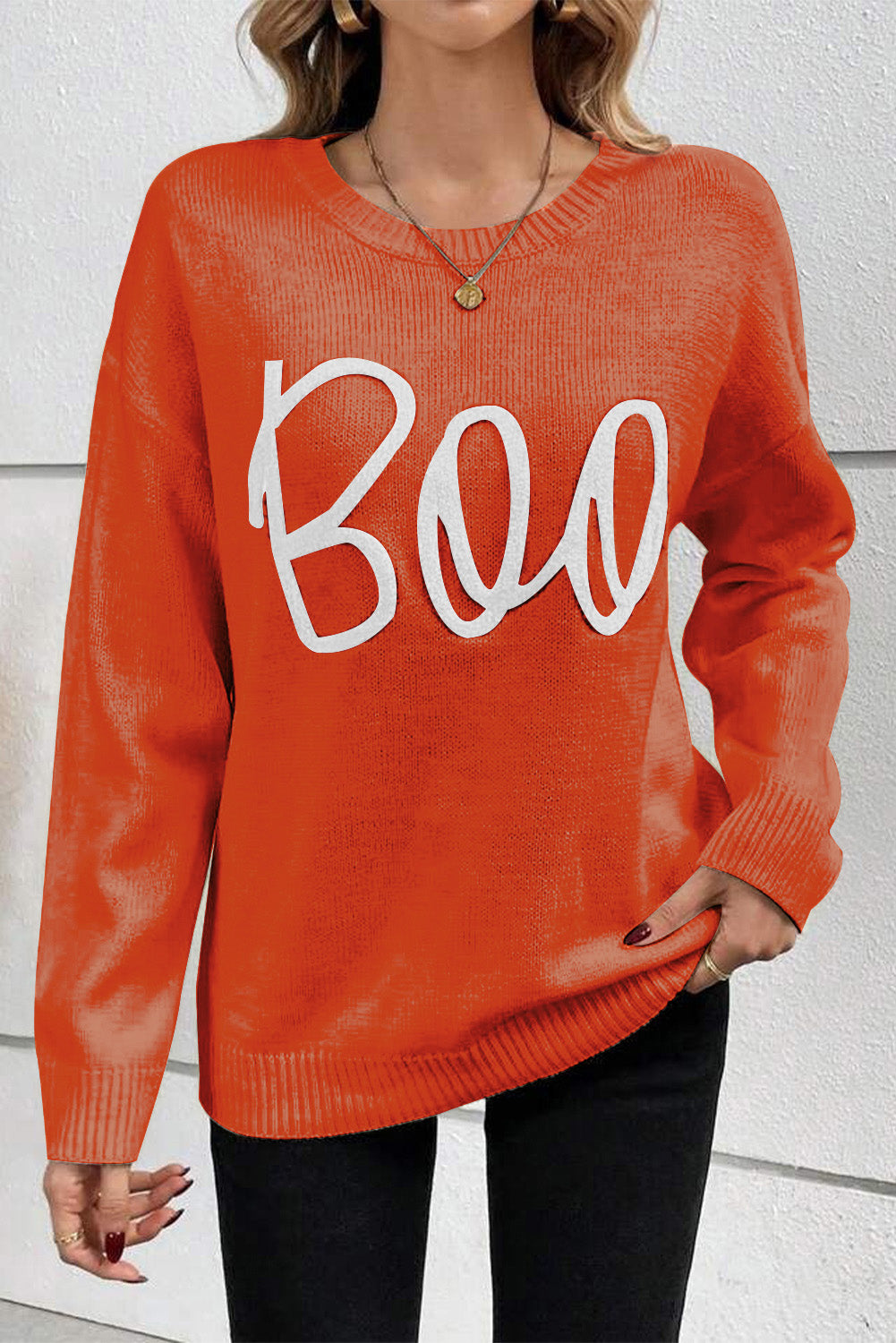 Boo Knitted Pattern Ribbed Edge Drop Shoulder Sweater | Orange