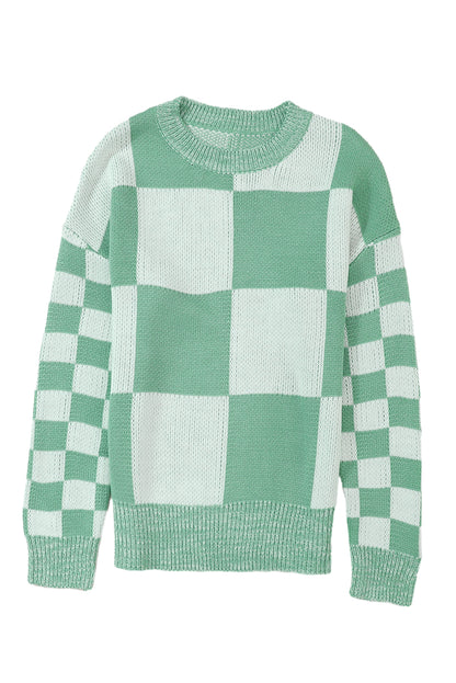 Checkered Print Drop Shoulder Sweater | Mint Green