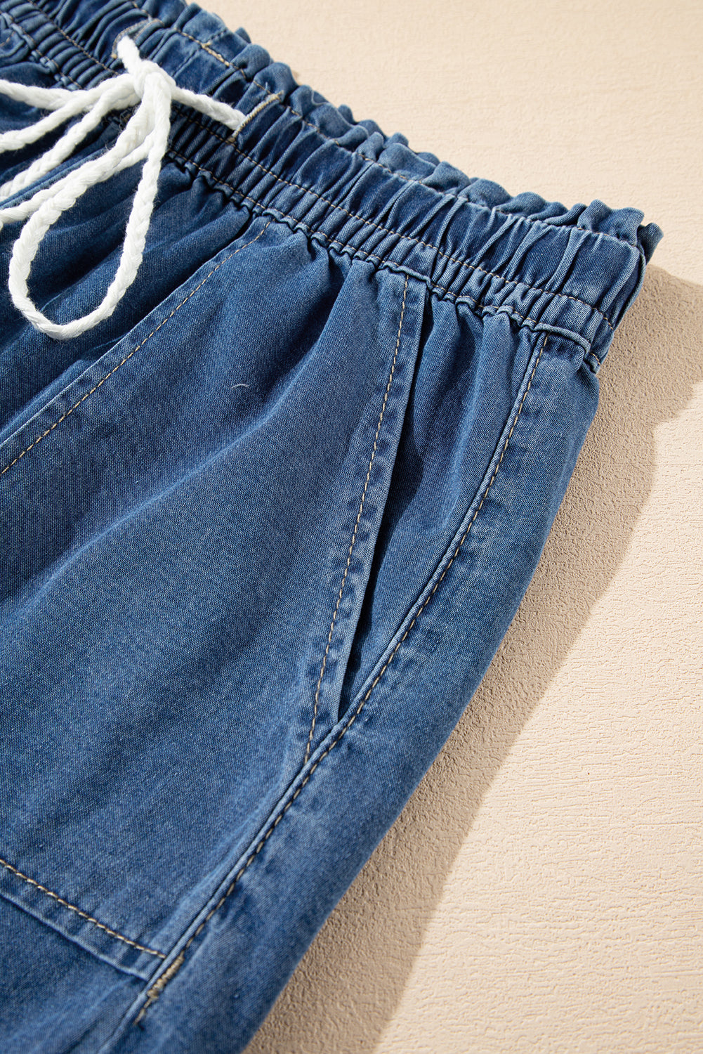 Raw Hem Drawstring High Waist Denim Shorts With Pockets | Ashleigh Blue