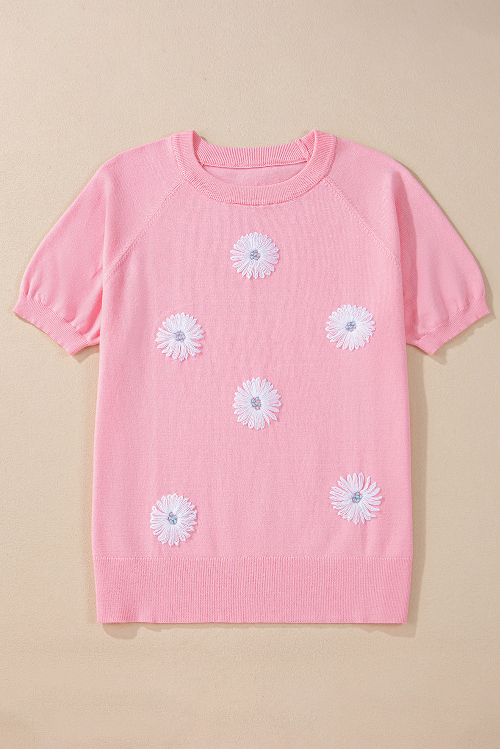 Flower Pattern Short Sleeve Knitted Top | Pink