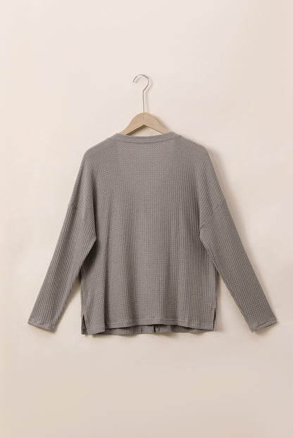 Waffle Knit Drop Shoulder Button V Neck Plus Size Top | Simply Taupe