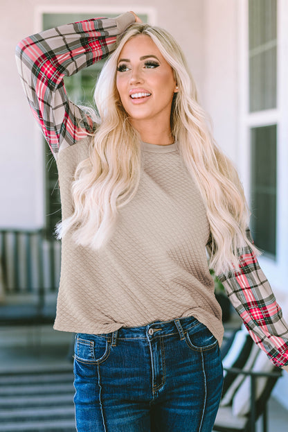 Plaid Raglan Sleeve Sweatshirt | Apricot