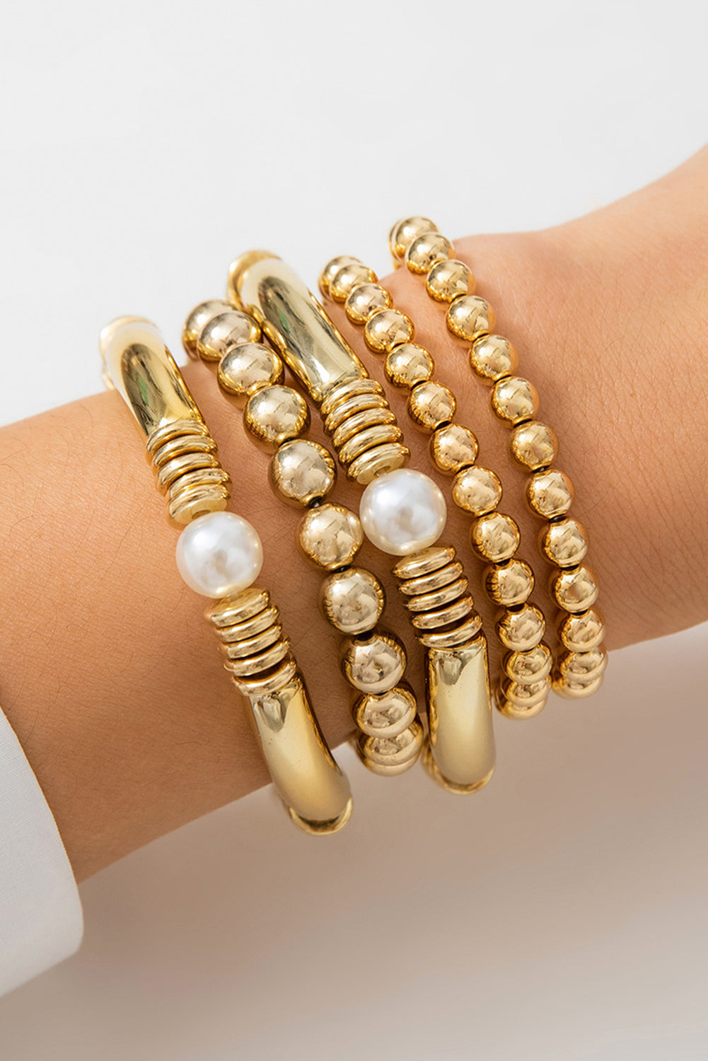 5Pcs Pearl Plated Beaded Bracelet Set | Gold