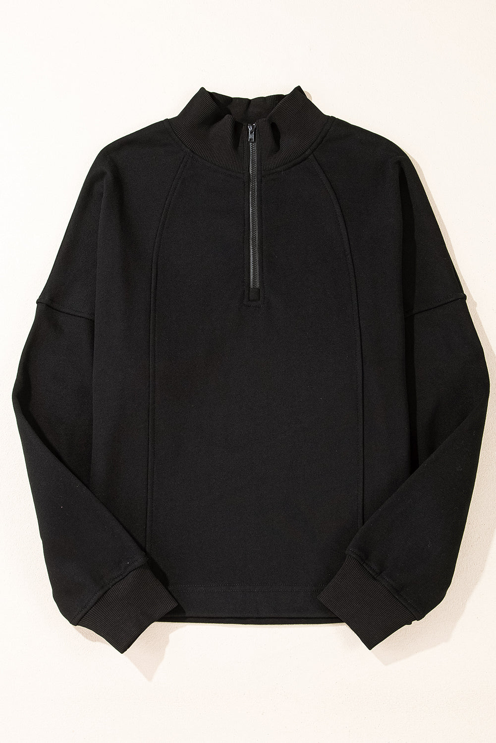 Zipped Neck Pullover Drop Shoulder Sweatshirt | Black