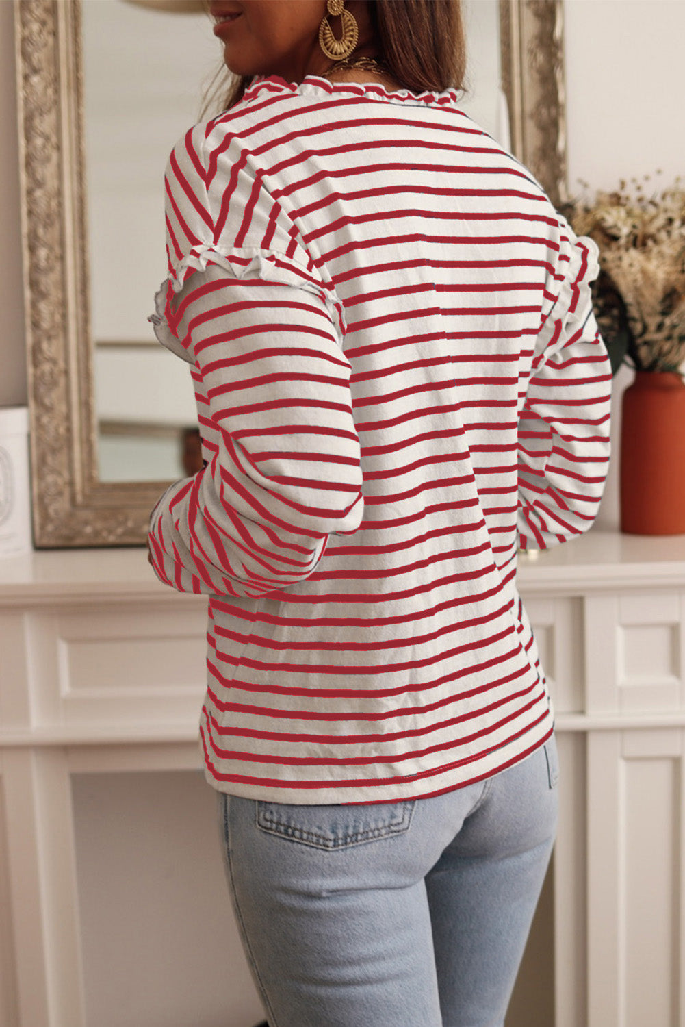 Striped Print Ruffled Buttoned Long Sleeve Top | Red