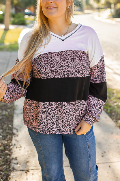 Leopard Print Colourblock V Neck Long Sleeve Plus Size Top | Black