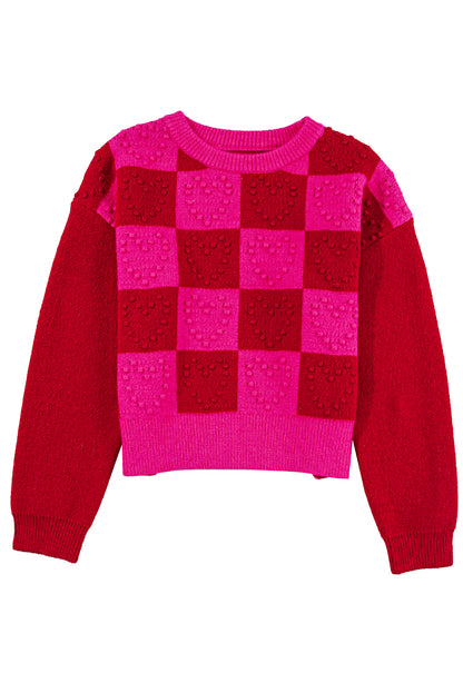 Checkered Pattern Heart Detail Textured Sweater | Multicolour