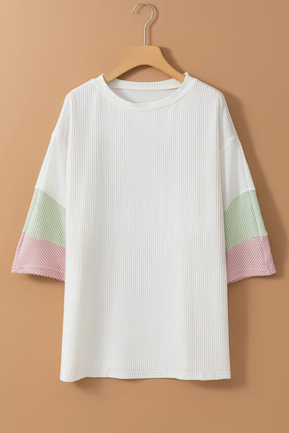 Textured Colourblock Patchwork Half Sleeve Plus T Shirt | White