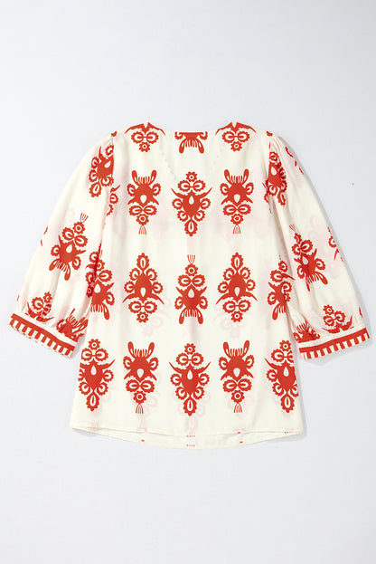 Vintage Geometric Printed 3/4 Sleeve V Neck Blouse | Orange