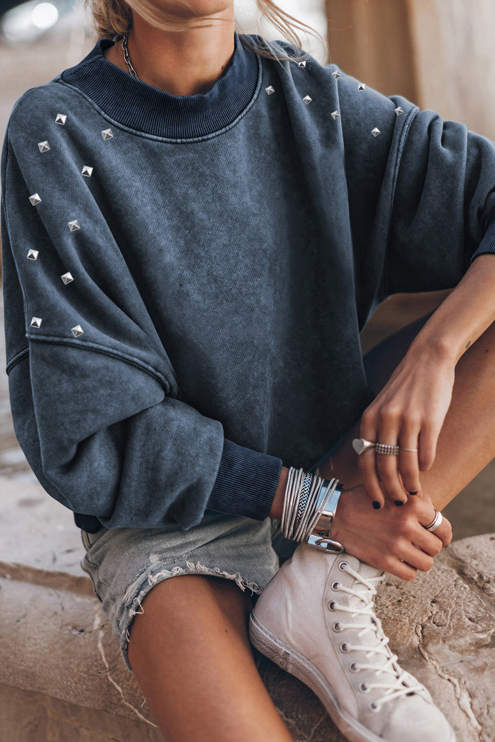 Beads Stud Drop Shoulder Loose Sweatshirt | Sky Blue