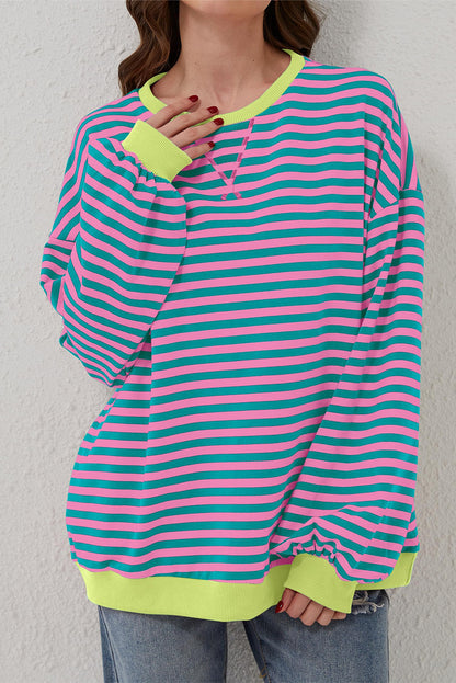 Oversized Contrast Trim Pullover Sweatshirt | Green Stripe