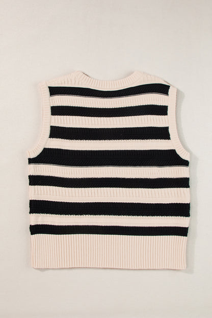 Ribbed Trim Knitted Sweater Vest | Black Stripe