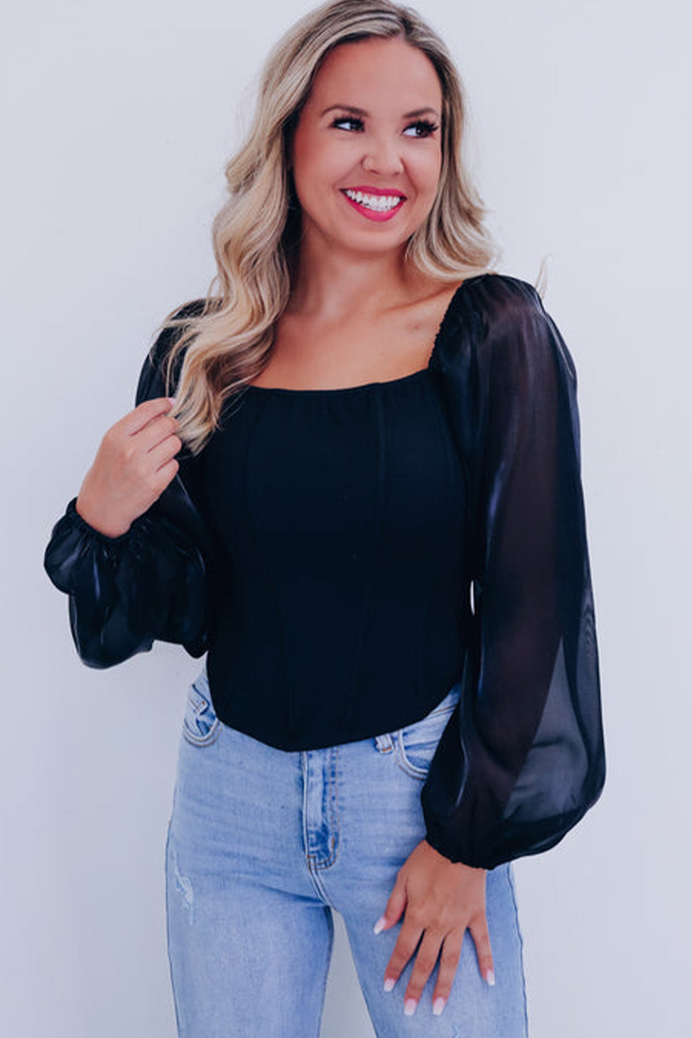 Sheer Lantern Sleeve Square Neck Top | Black