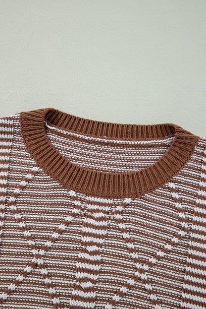 Geometric Textured Drop Shoulder Sweater | Brown Stripe