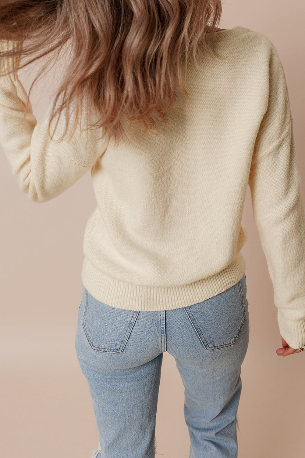 Knitted Flower Pattern Ribbed Edge Sweater | Beige