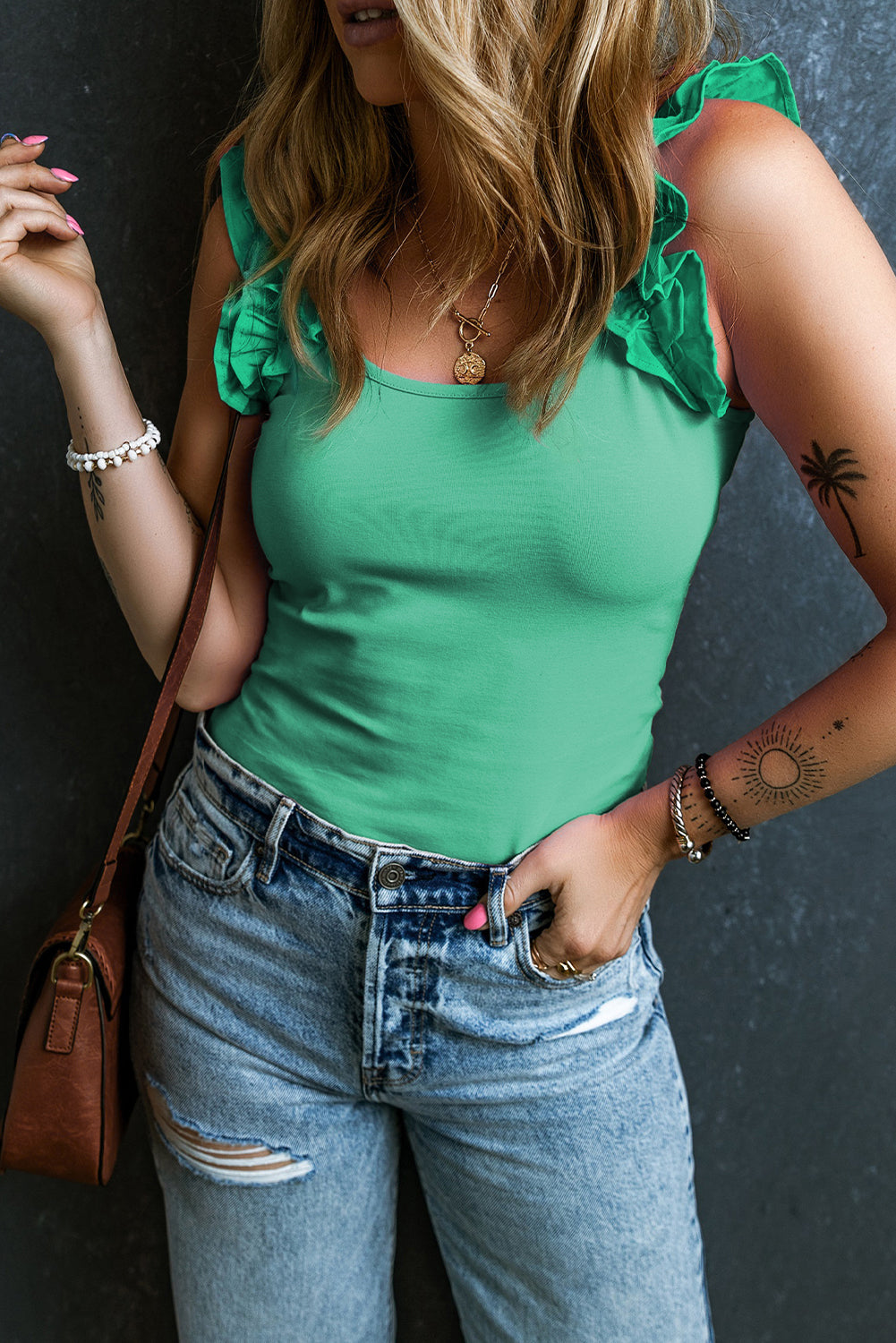 Ruffled Wide Straps Slim Tank Top | Mint Green