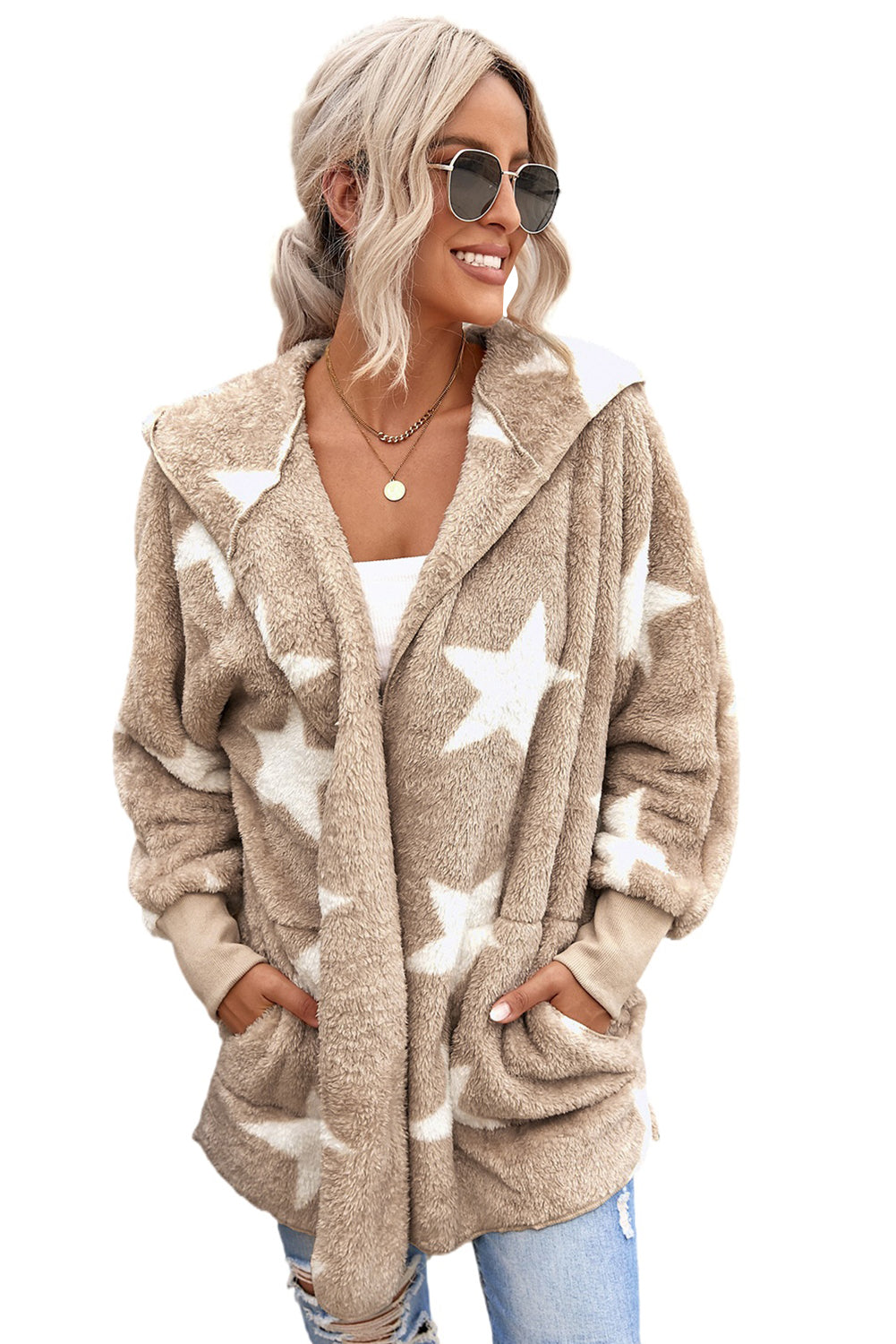 Lapel Collar Scatter Star Fuzzy Coat | Khaki