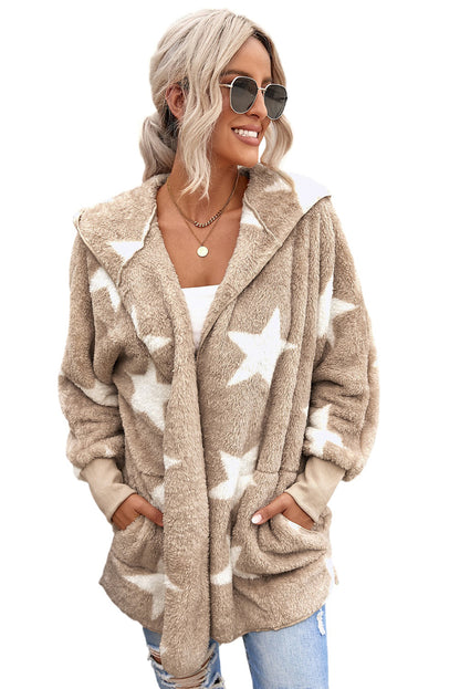 Lapel Collar Scatter Star Fuzzy Coat | Khaki