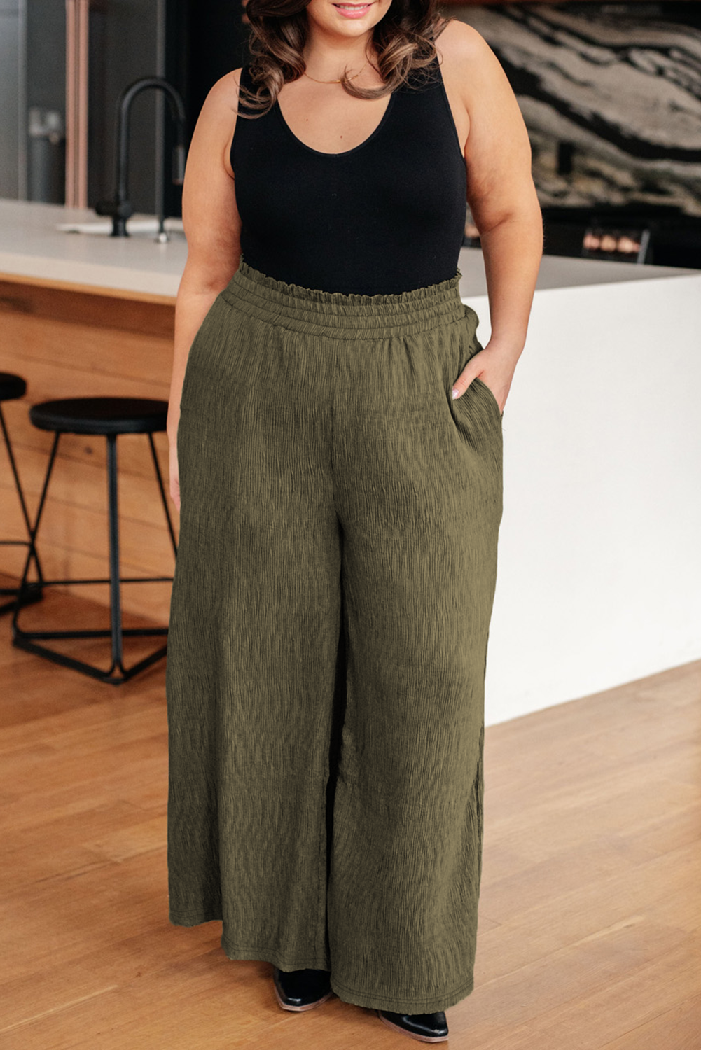 Plus Size Textured Shirred High Waist Casual Pants | Jungle Green