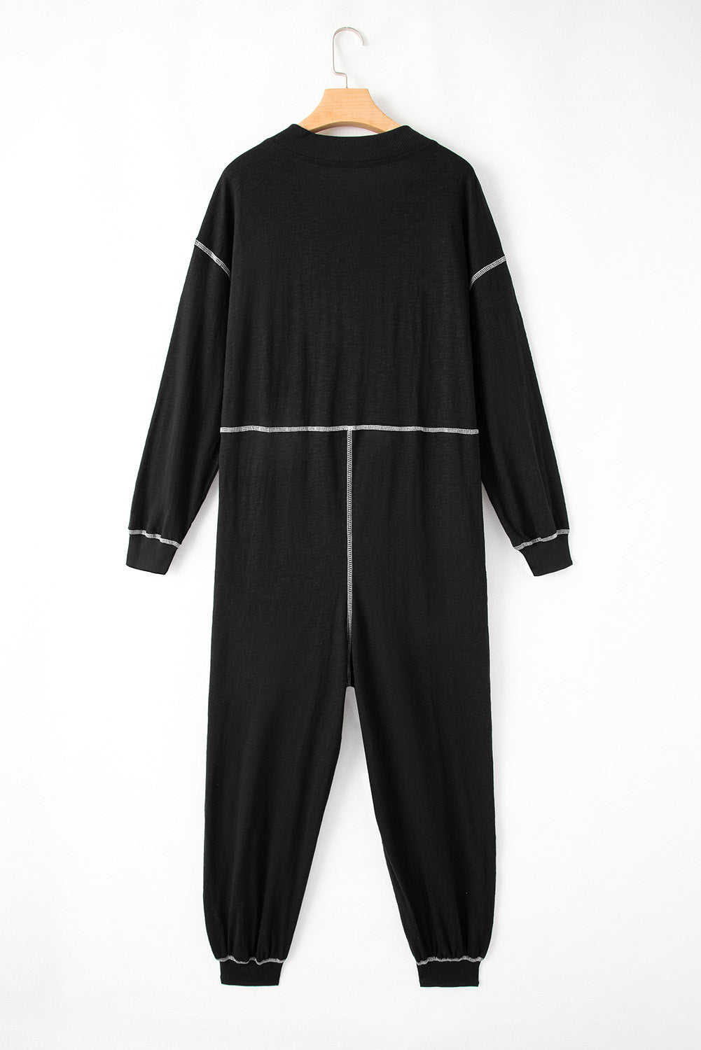 Flatlock Seam Detail V Neck Baggy Jumpsuit | Black