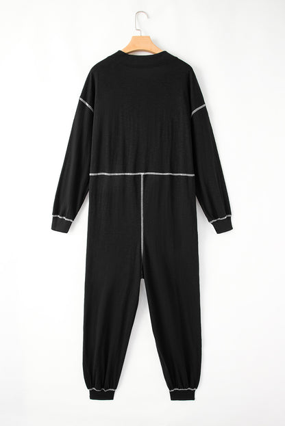 Flatlock Seam Detail V Neck Baggy Jumpsuit | Black