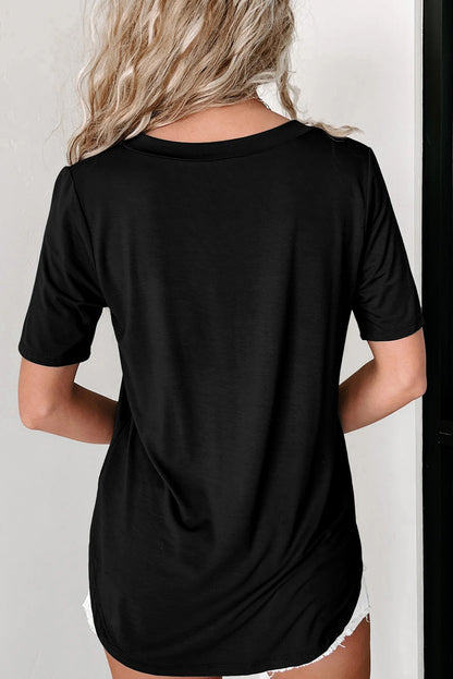 Sequined Flower Pocketed V Neck T Shirt | Black