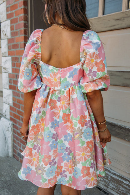 Summer Floral Square Neck Puff Sleeve Babydoll Dress | Pink