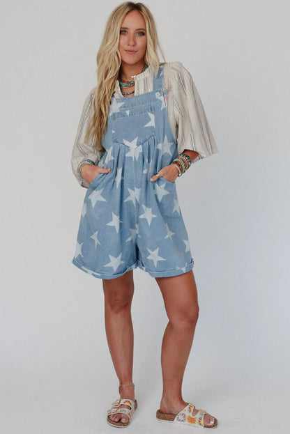 Star Printed Buttoned Straps Pocketed Denim Romper | Light Blue