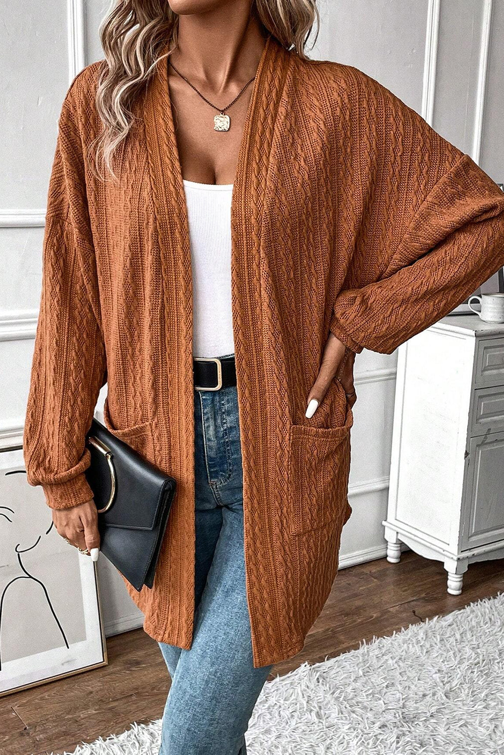 Textured Knit Side Pockets Open Front Cardigan | Chestnut