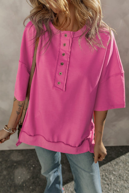 Exposed Seam Button Neck Wide Sleeve Tunic Top | Rose Red