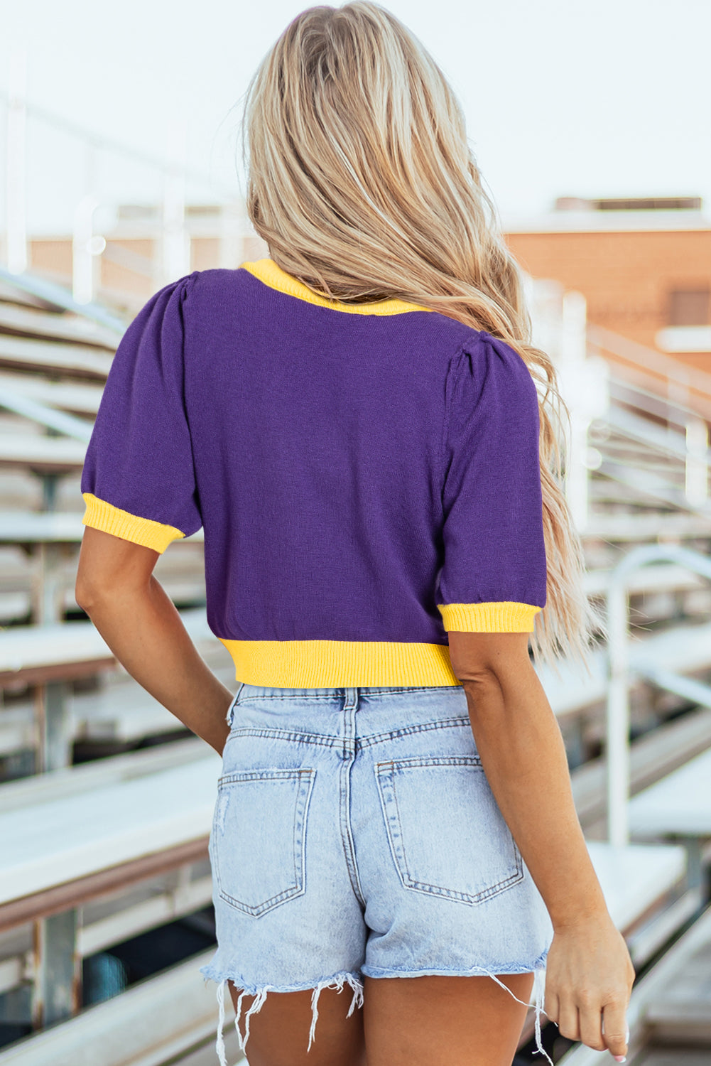 Sequin Rugby Colour Block Puff Short Sleeve Sweater | Purple