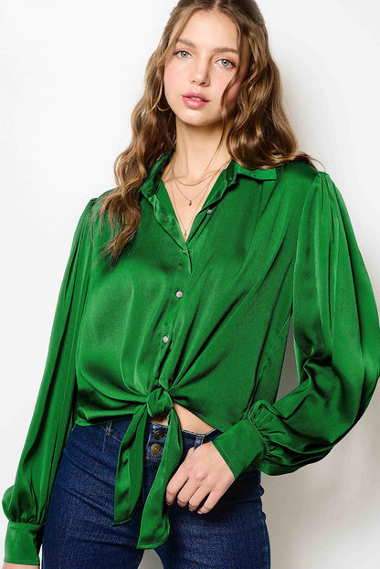 Solid Colour Flowy Balloon Sleeve Tie Front Buttoned Shirt | Dark Green