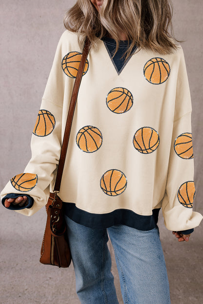 Sequin Basketball Graphic Colourblock Edge Sweatshirt | White