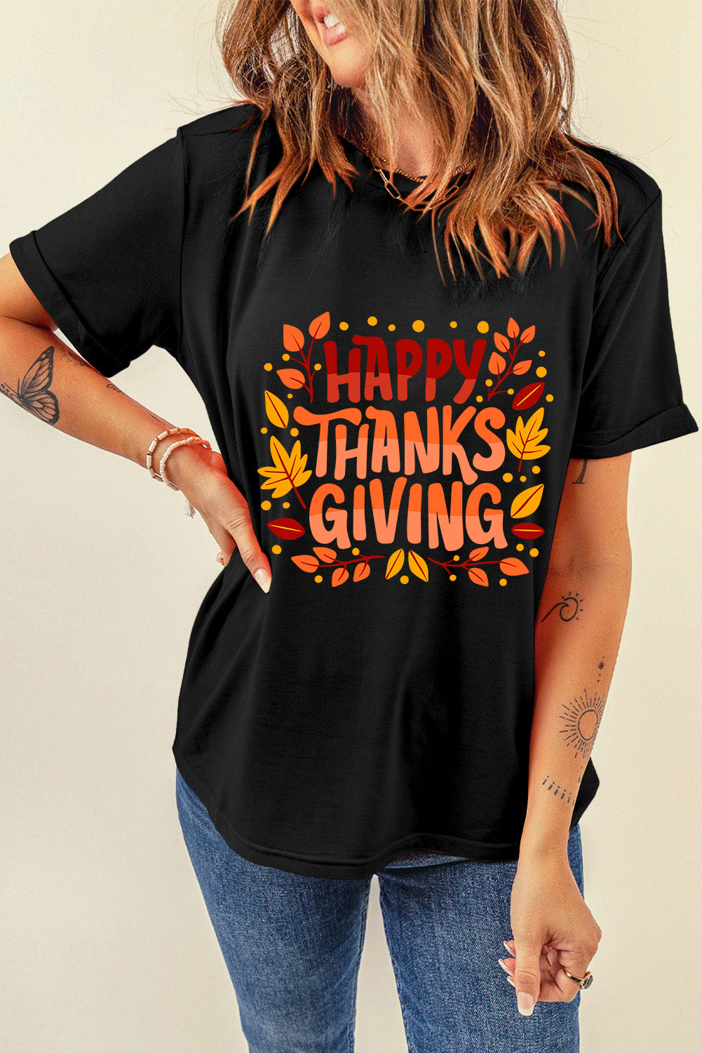 Happy Thanksgiving Leaves Print Crew Neck T Shirt | Black