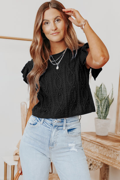 Ruffle Sleeve Cable Knit Top | Black