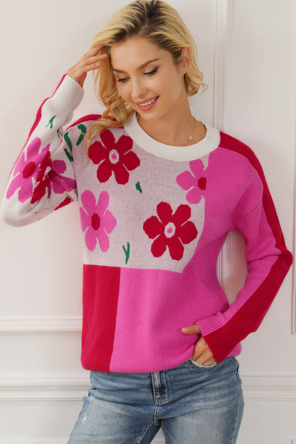 Floral Mixed Colour Block Sweater | Rose Red