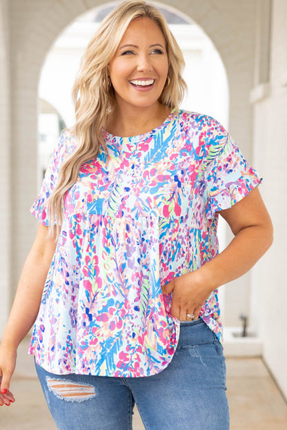 Vibrant Botanical Print Frill Short Sleeve Plus Size Top | Purple