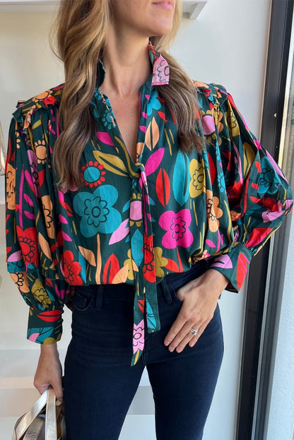 Floral Knot Split Neck Puff Sleeve Blouse | Green