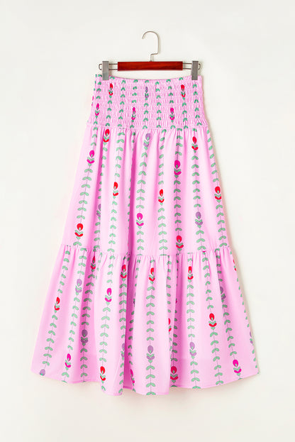 Printed Smocked Tiered Maxi Skirt | Pink