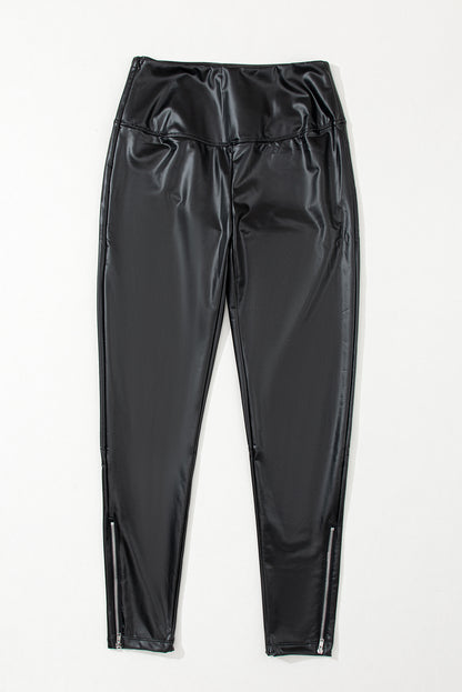 Faux Leather Zipped Detail Leggings | Black