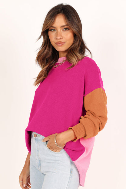 Three Tone Contrast Round Neck Loose Sweater | Bonbon