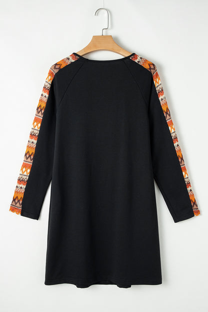 Contrast Geo Raglan Sleeve Patchwork Dress | Orange