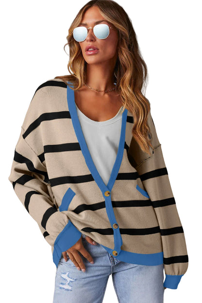 Colourblock Drop Shoulder Buttoned Loose Cardigan | White