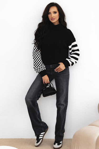 Striped Plaid Patchwork Waffle Knit Turtleneck Sweater | Black