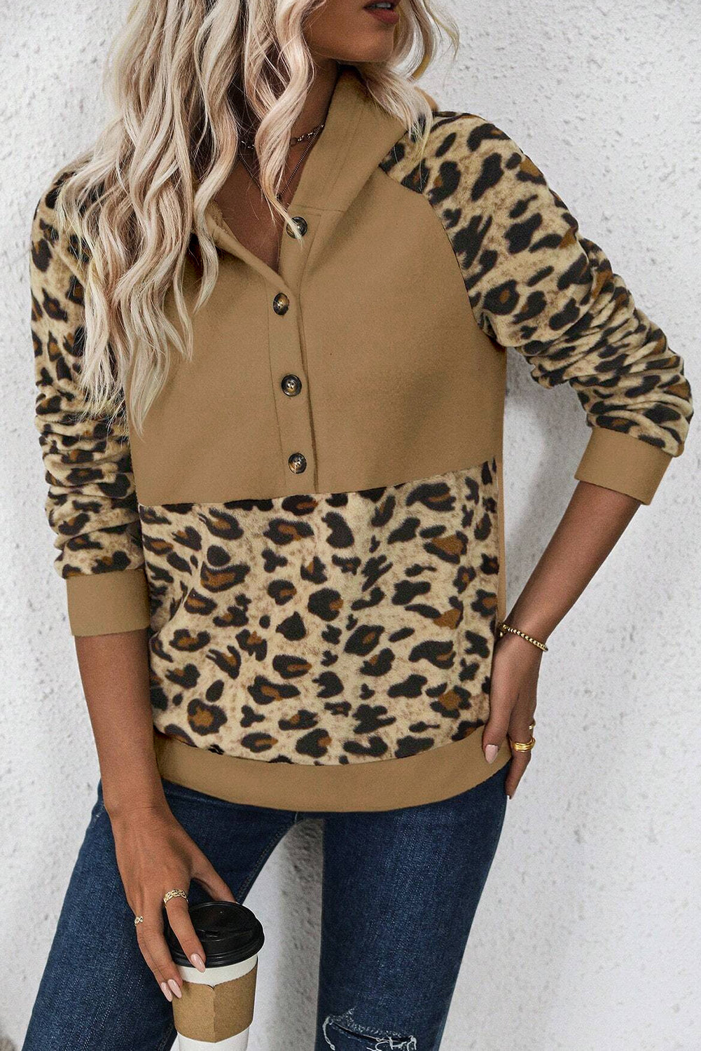 Leopard Print Patchwork Raglan Sleeve Half Buttons Hoodie | Light French Beige