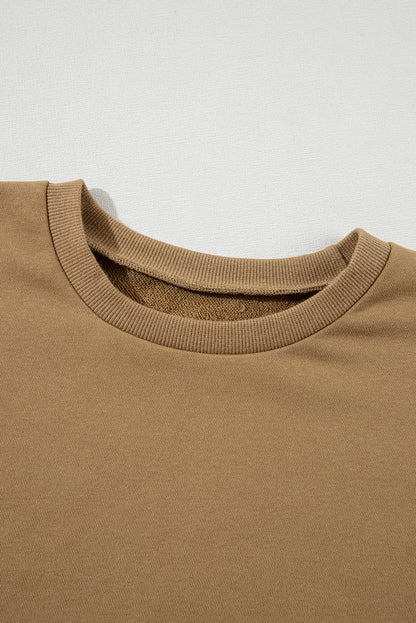 Solid O Neck High Low Hem Pullover Sweatshirt | Brown